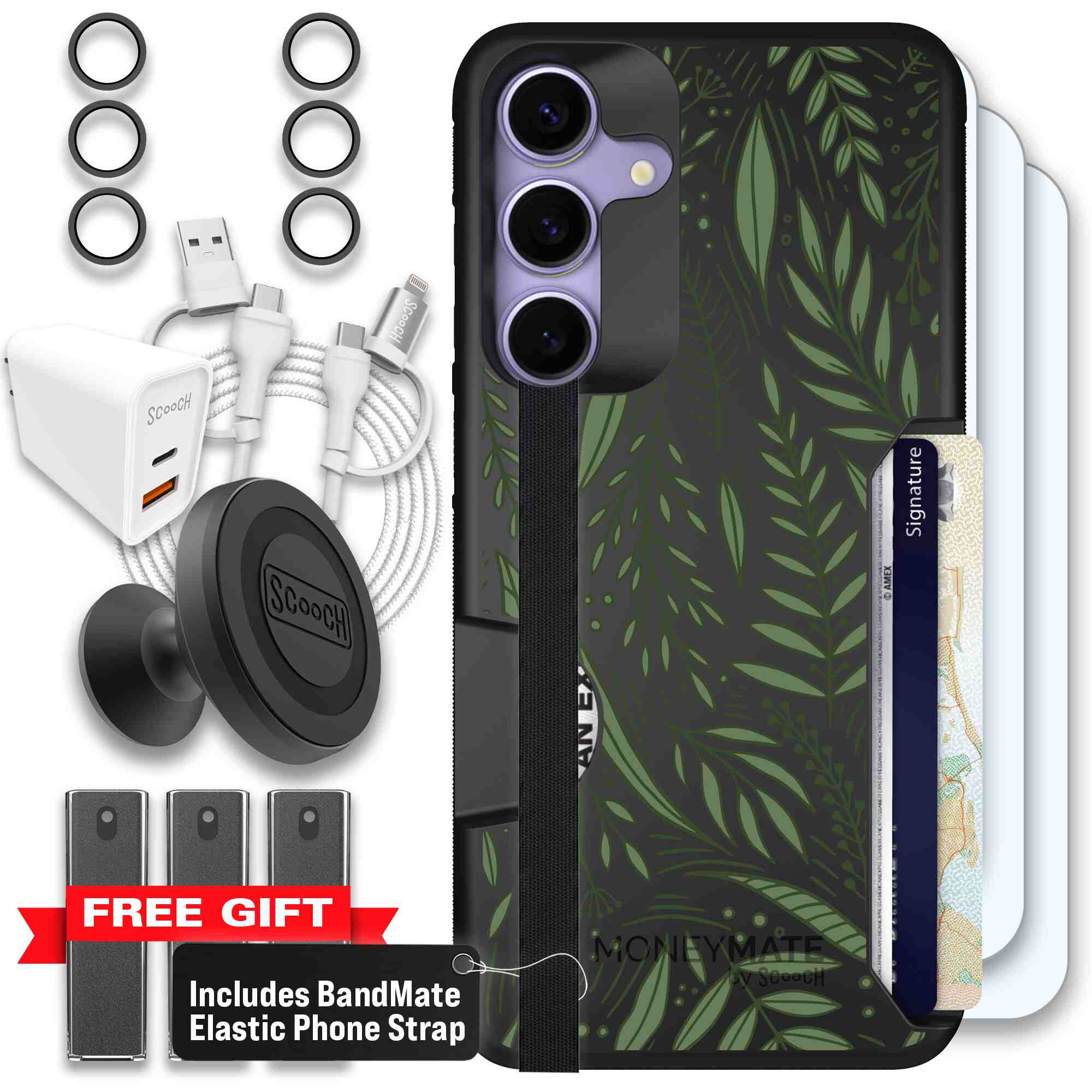Willow Garden layered green leaves and branches on a charcoal Scooch Moneymate case for Galaxy S25+ - Ultimate Bundle