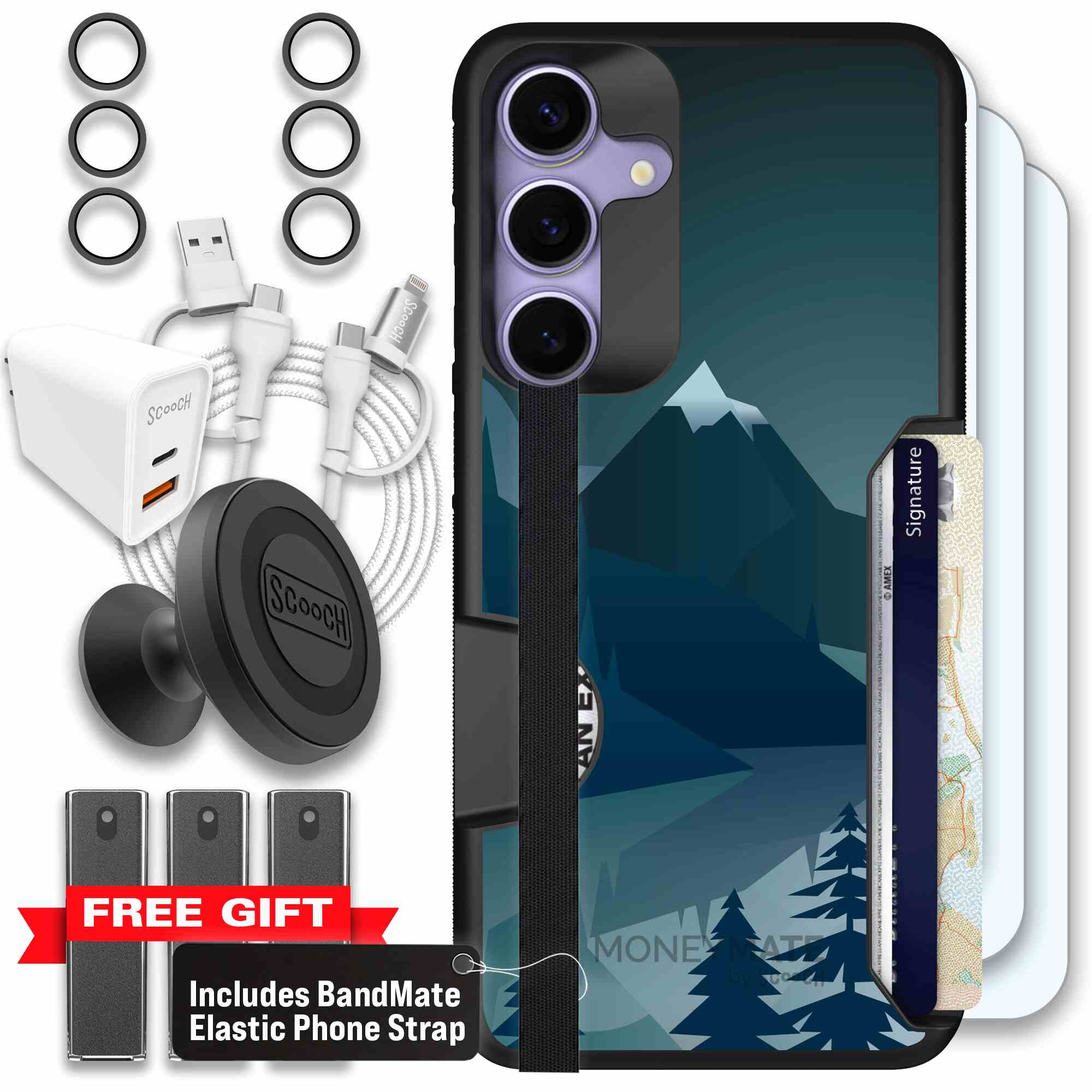 Midnight Ridge layered blue mountains and evergreen trees on a Scooch Moneymate case for Galaxy S25+ - Ultimate Bundle