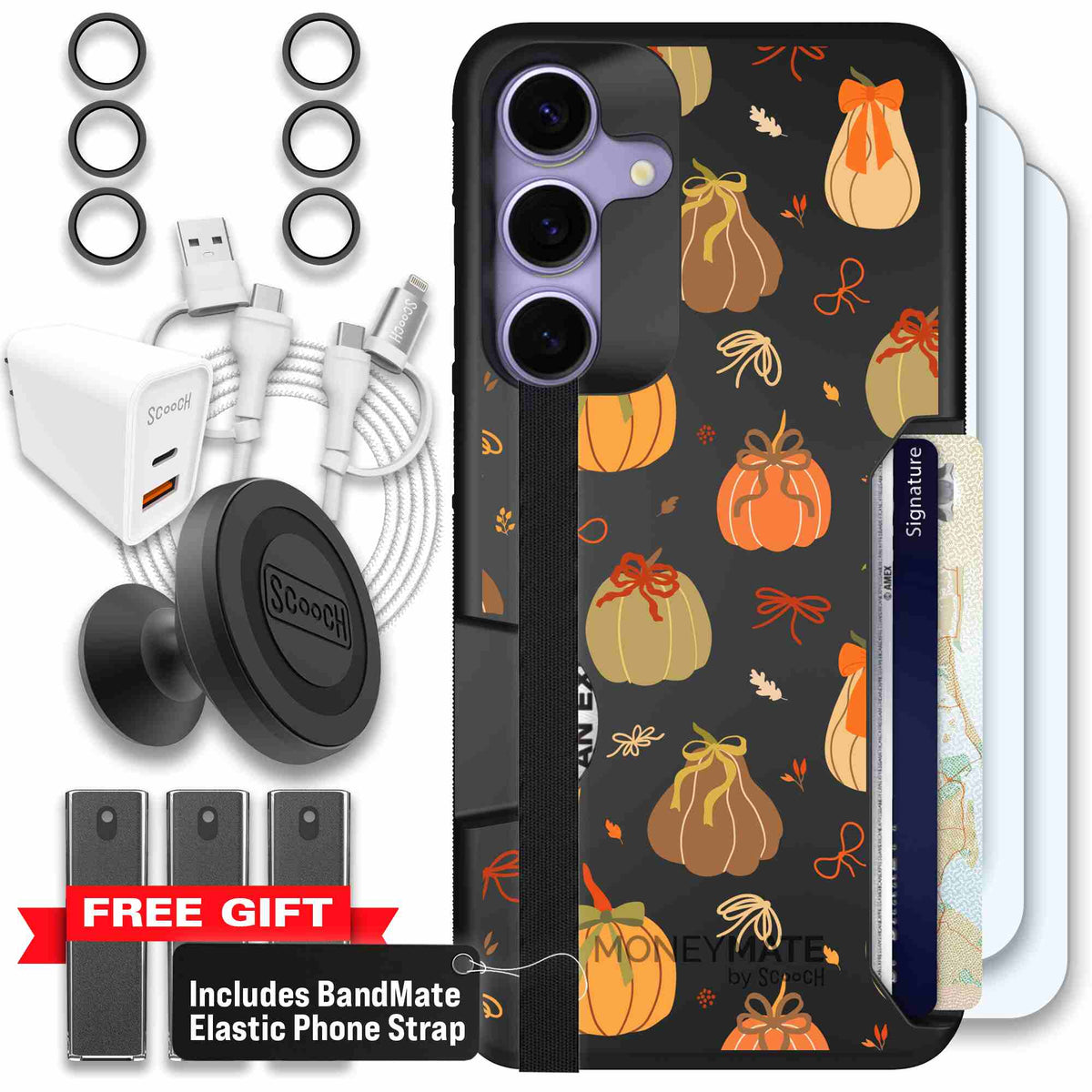 Pretty Pumpkins orange pumpkin and bow pattern on a Scooch Moneymate case for Galaxy S25+ - Ultimate Bundle