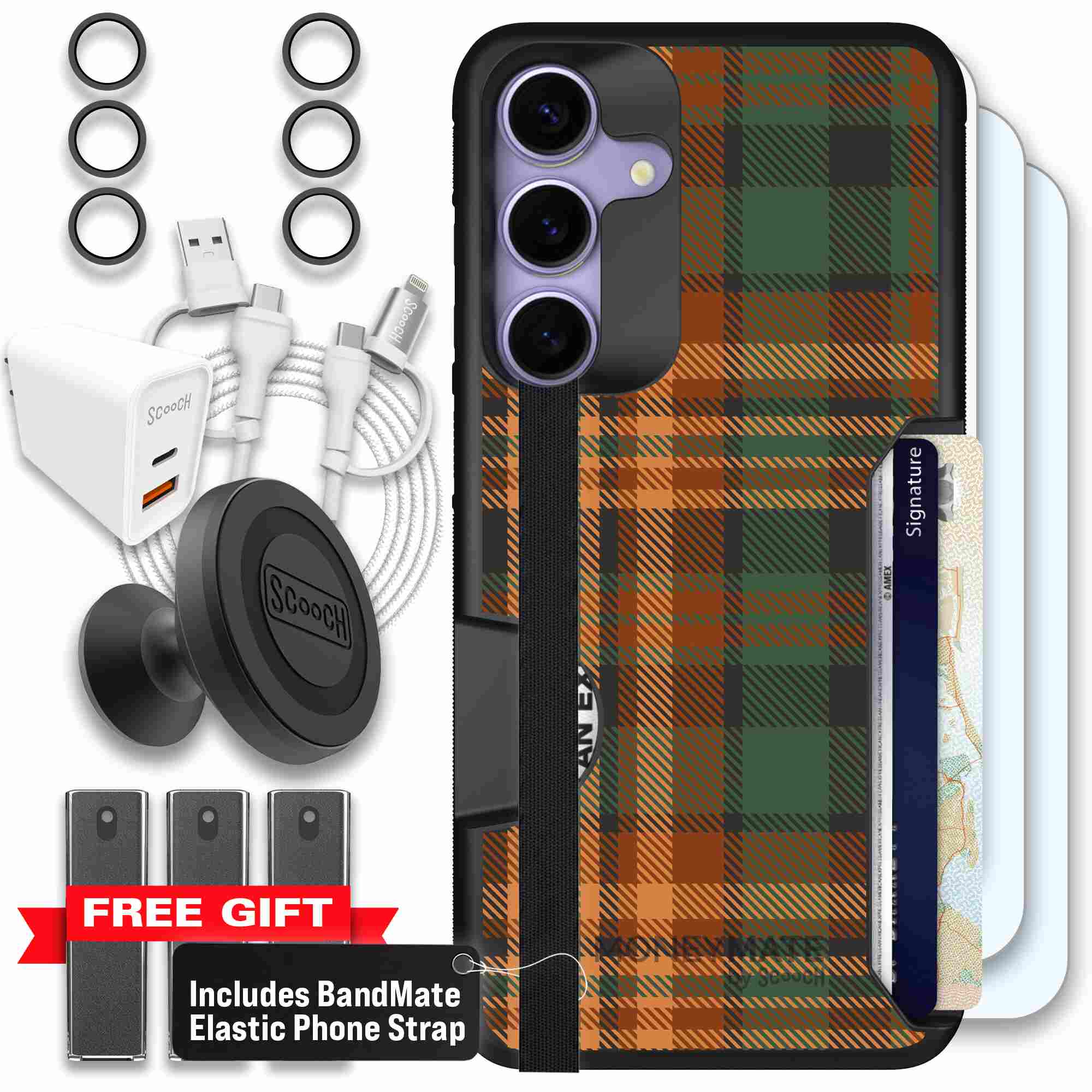 Fall Flannel orange and brown plaid pattern on a Scooch Moneymate case for Galaxy S25+ - Ultimate Bundle