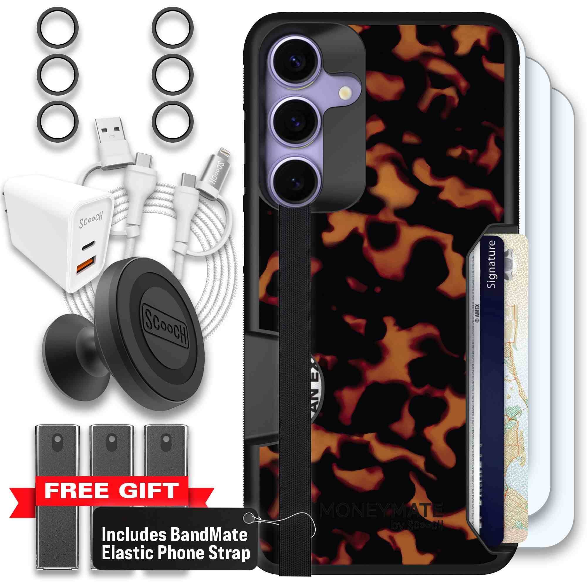 Tortoise Shell amber brown and black mottled pattern on a Scooch Moneymate case for Galaxy S25+ - Ultimate Bundle