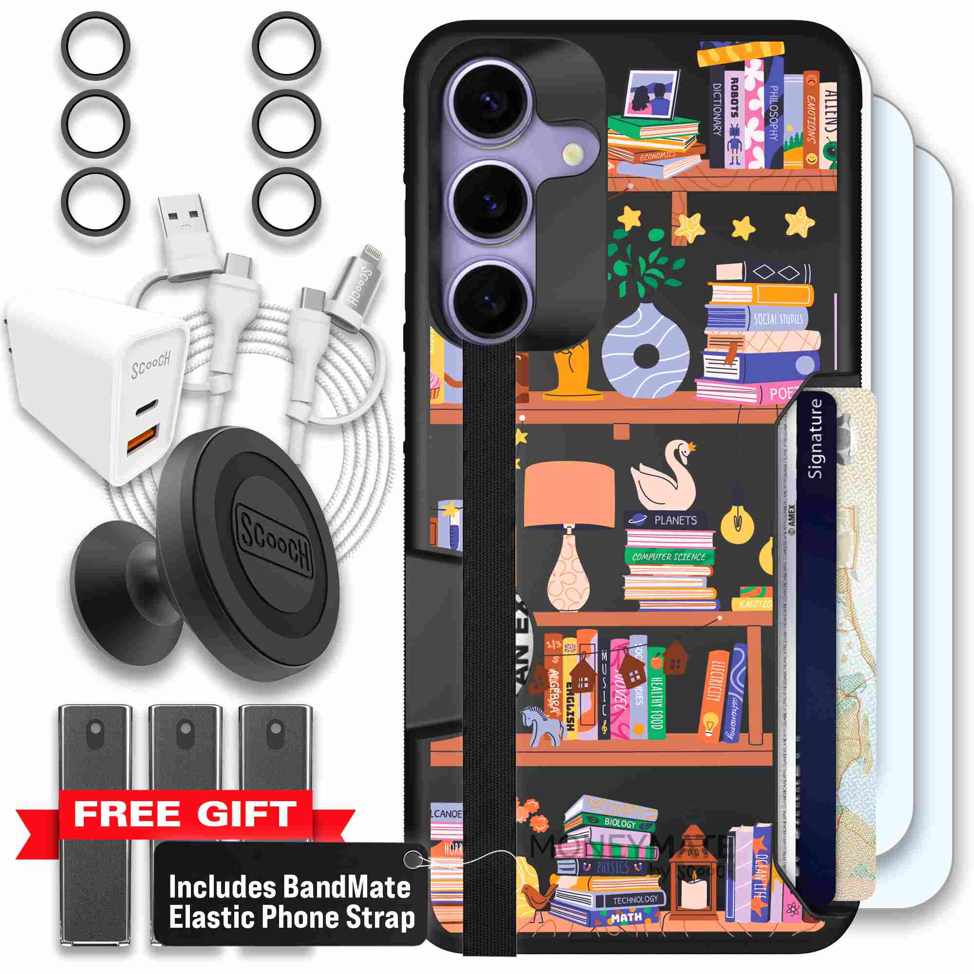 Little Library colorful book and bookshelf pattern on a Scooch Moneymate case for Galaxy S25+ - Ultimate Bundle