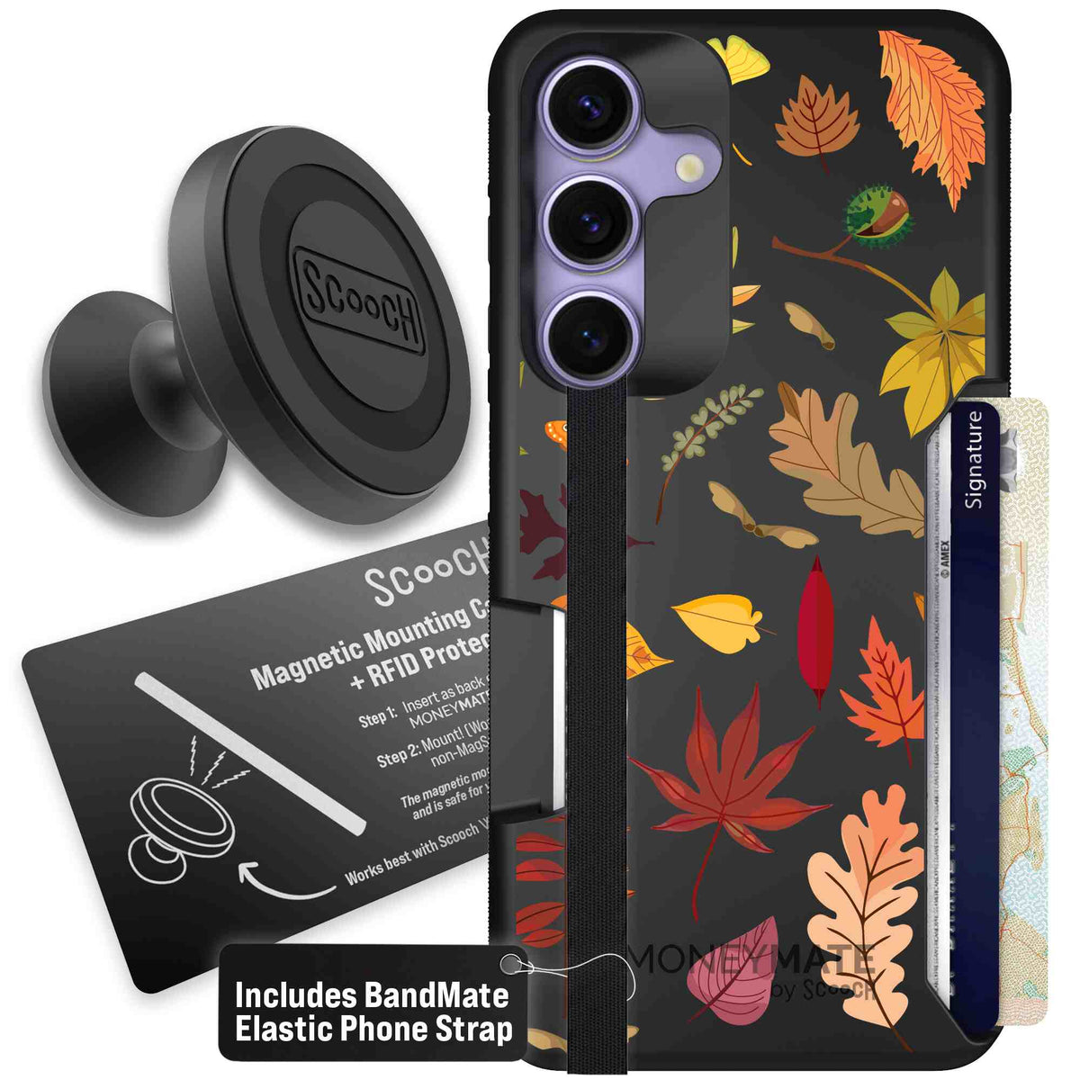 Autumn Leaves multicolored fall foliage pattern on a charcoal Scooch Moneymate case for Galaxy S25 - Starter Bundle