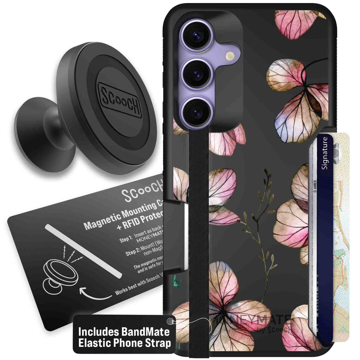 Dried Flowers blush mauve and cream floral pattern on a black Scooch Moneymate case for Galaxy S25 - Starter Bundle