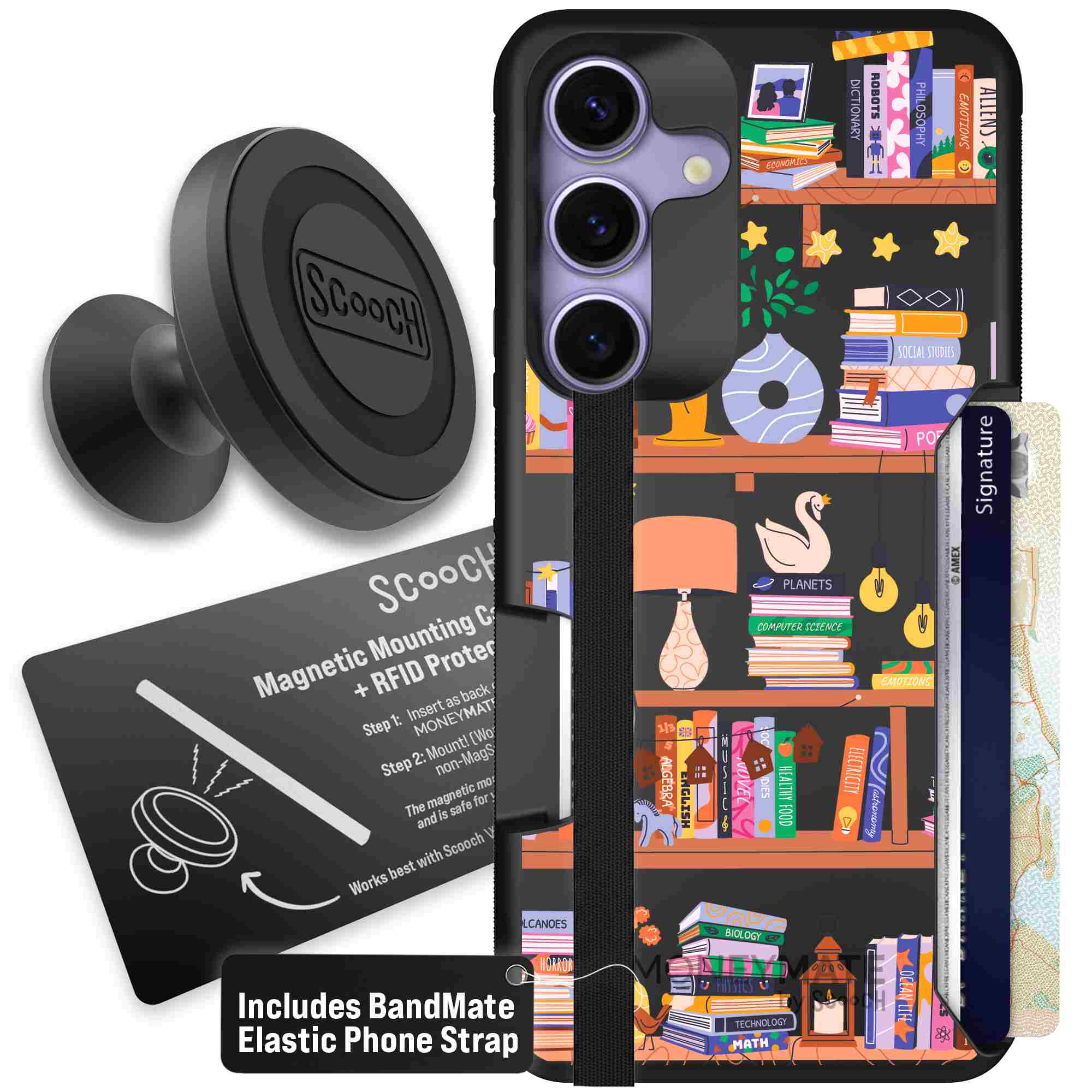 Little Library colorful book and bookshelf pattern on a Scooch Moneymate case for Galaxy S25 - Starter Bundle