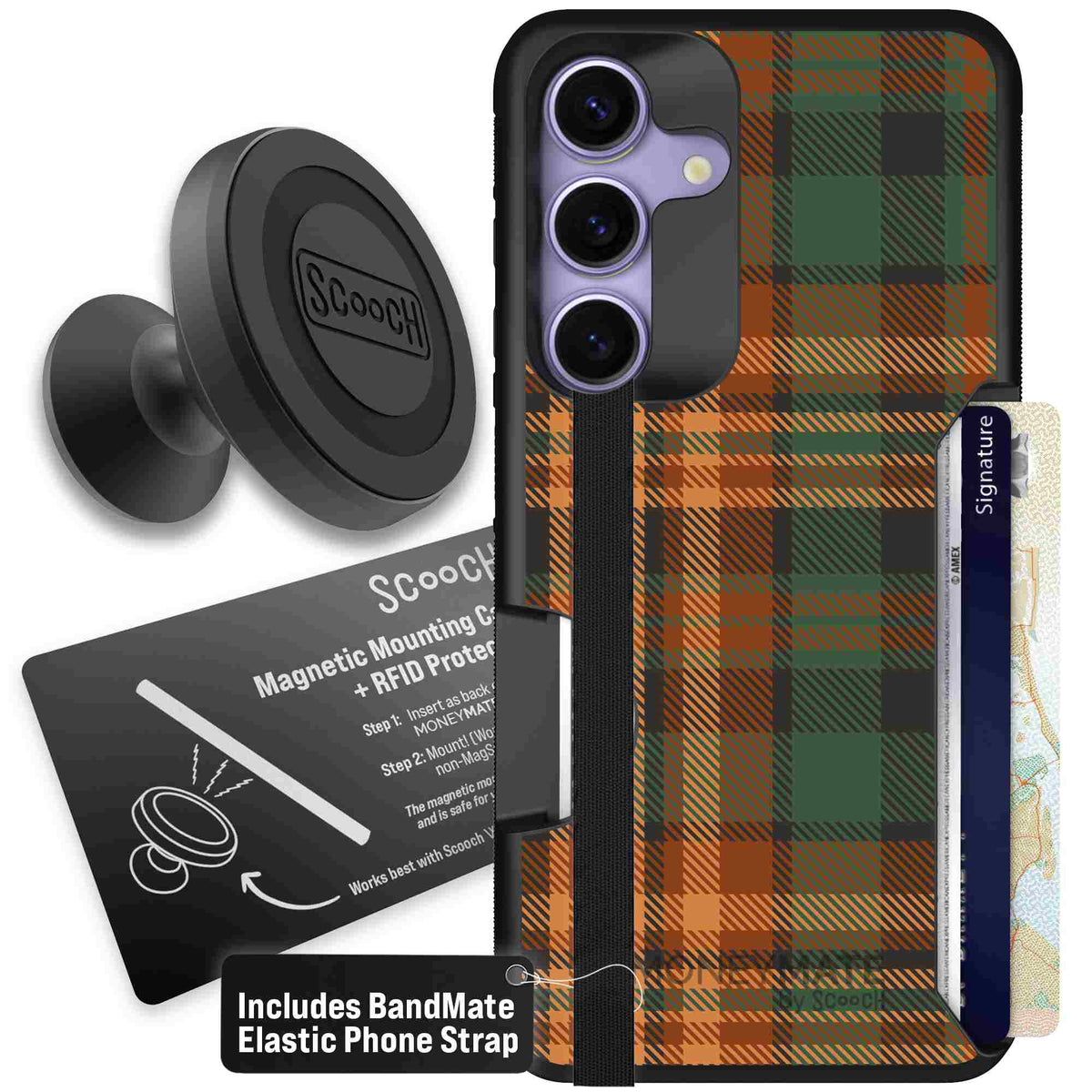 Fall Flannel orange and brown plaid pattern on a Scooch Moneymate case for Galaxy S25 - Starter Bundle