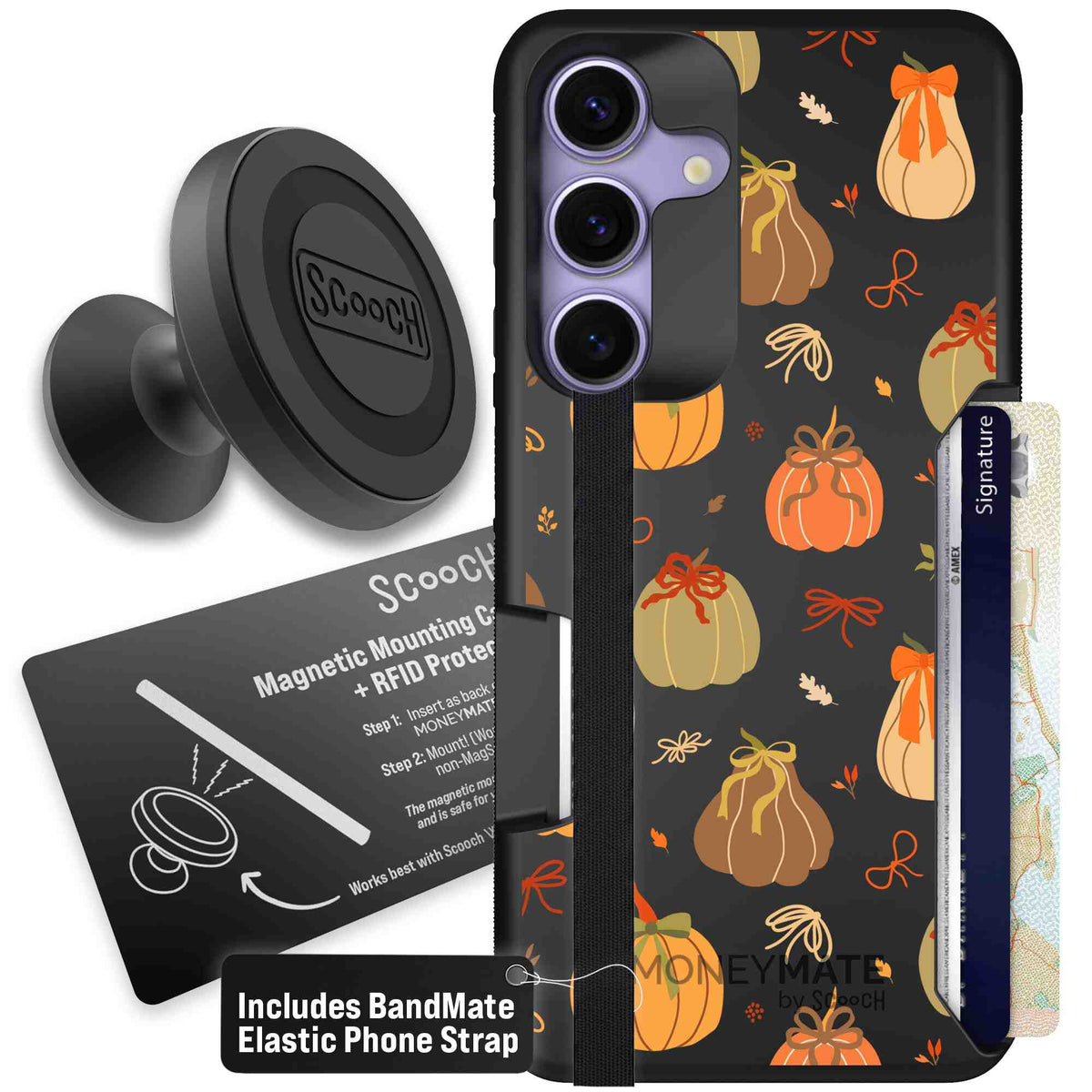 Pretty Pumpkins orange pumpkin and bow pattern on a Scooch Moneymate case for Galaxy S25 - Starter Bundle