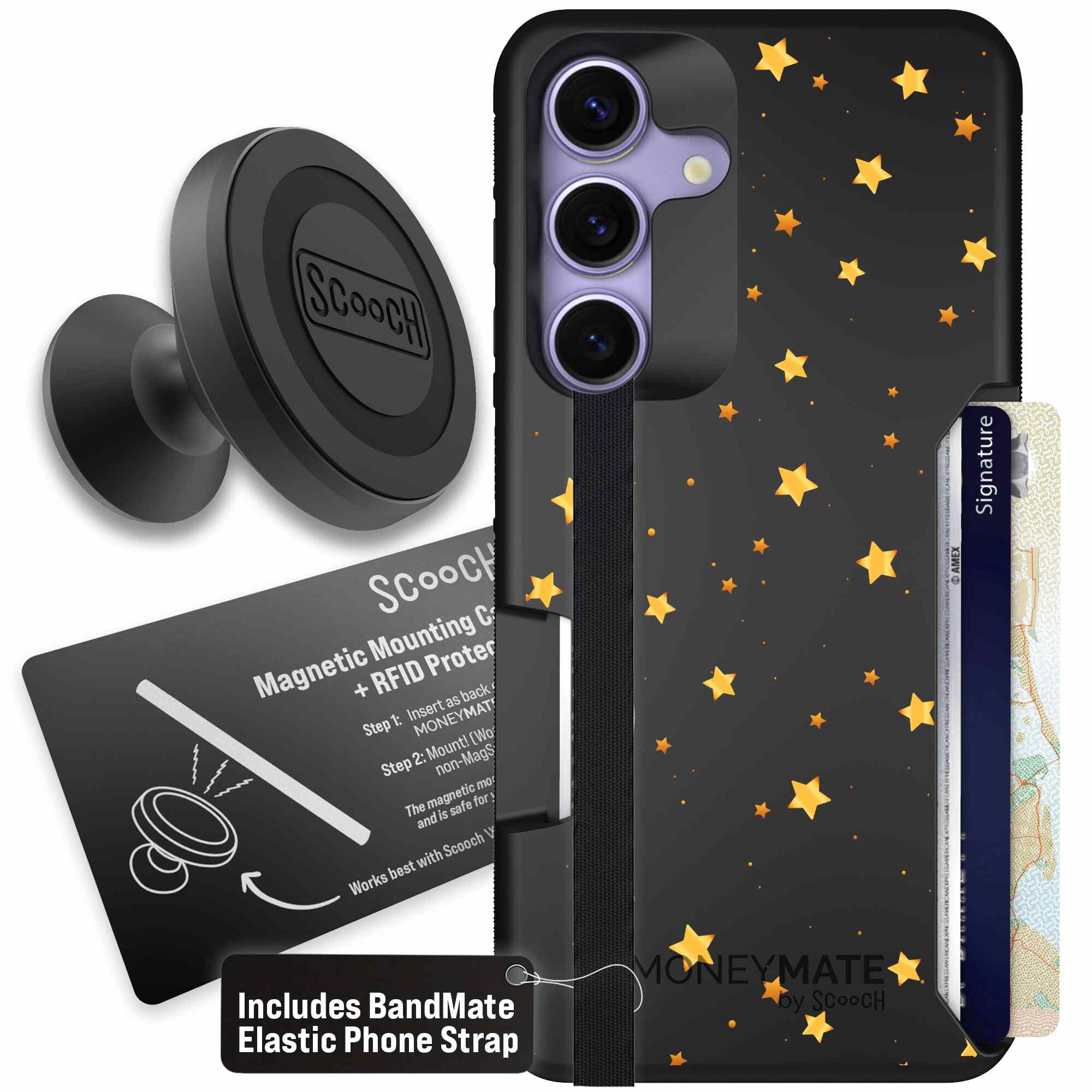 Gold Stars yellow and gold star pattern on a charcoal Scooch Moneymate case for Galaxy S25 - Starter Bundle