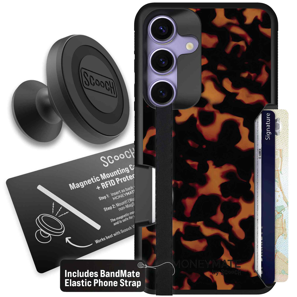 Tortoise Shell amber brown and black mottled pattern on a Scooch Moneymate case for Galaxy S25 - Starter Bundle