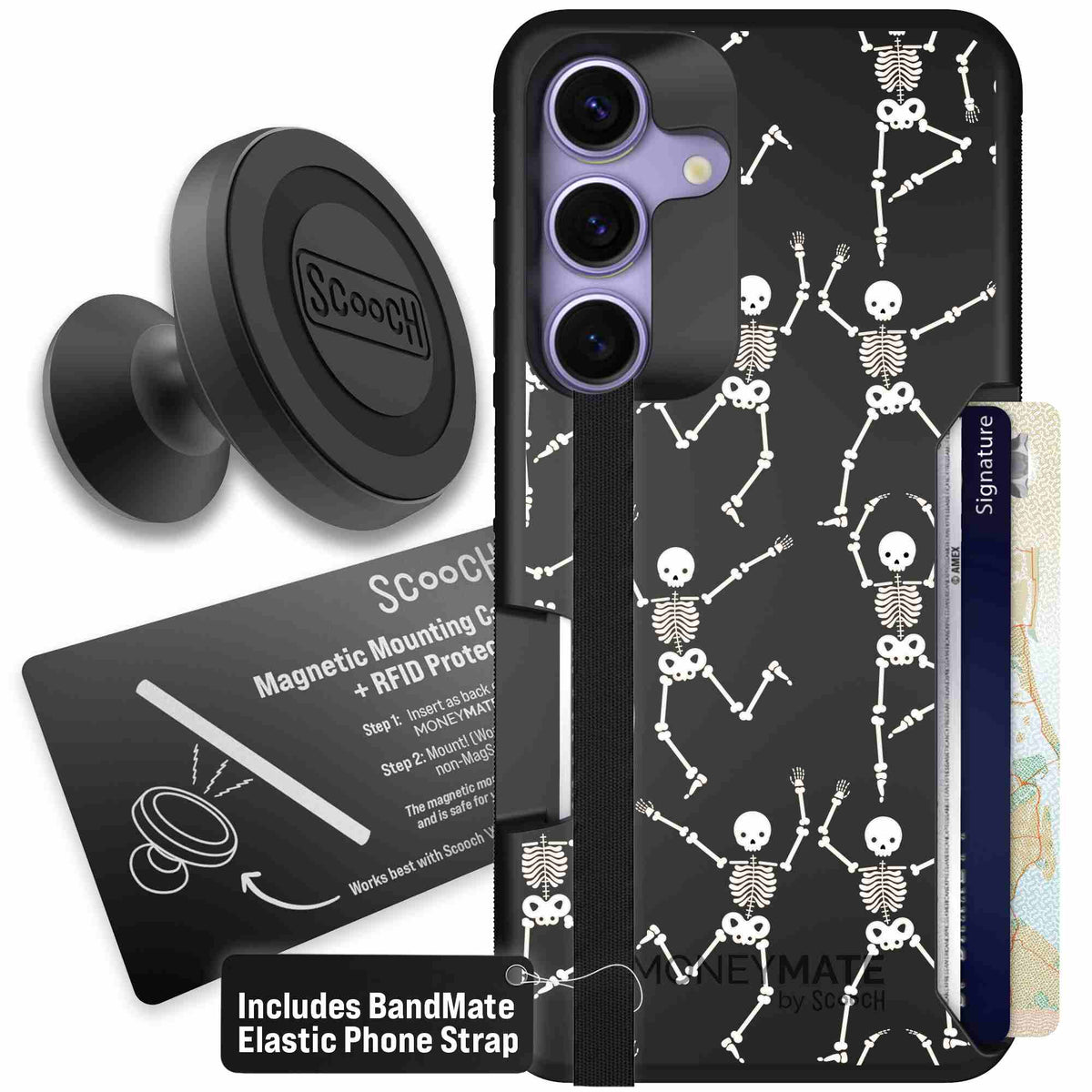 Swinging Skeletons white dancing skeleton pattern on a black Scooch Moneymate case for Galaxy S25 - Starter Bundle