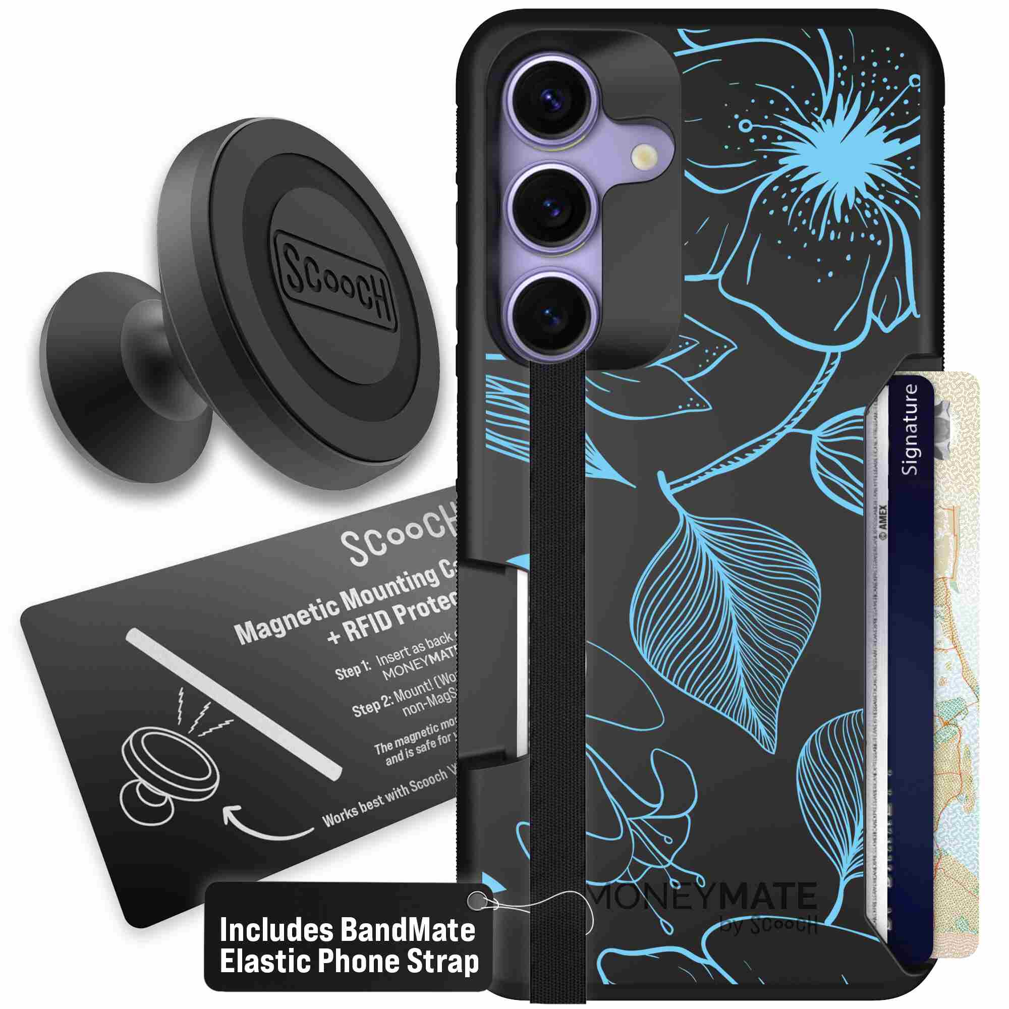Blue Hibiscus cyan-blue tropical flower pattern on a charcoal Scooch Moneymate case for Galaxy S25 - Starter Bundle
