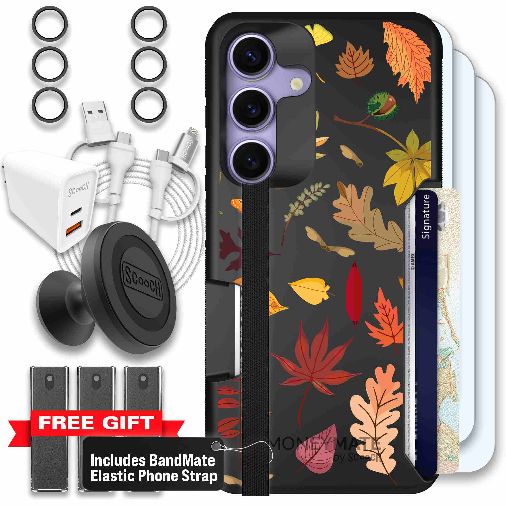 Autumn Leaves multicolored fall foliage pattern on a charcoal Scooch Moneymate case for Galaxy S25 - Ultimate Bundle