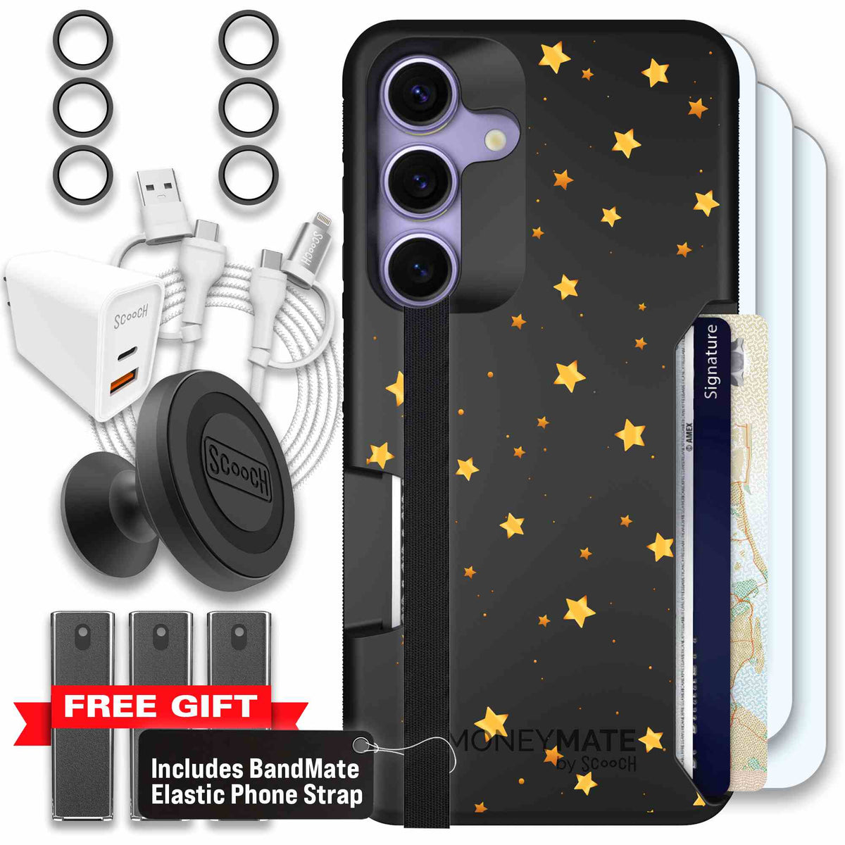 Gold Stars yellow and gold star pattern on a charcoal Scooch Moneymate case for Galaxy S25 - Ultimate Bundle