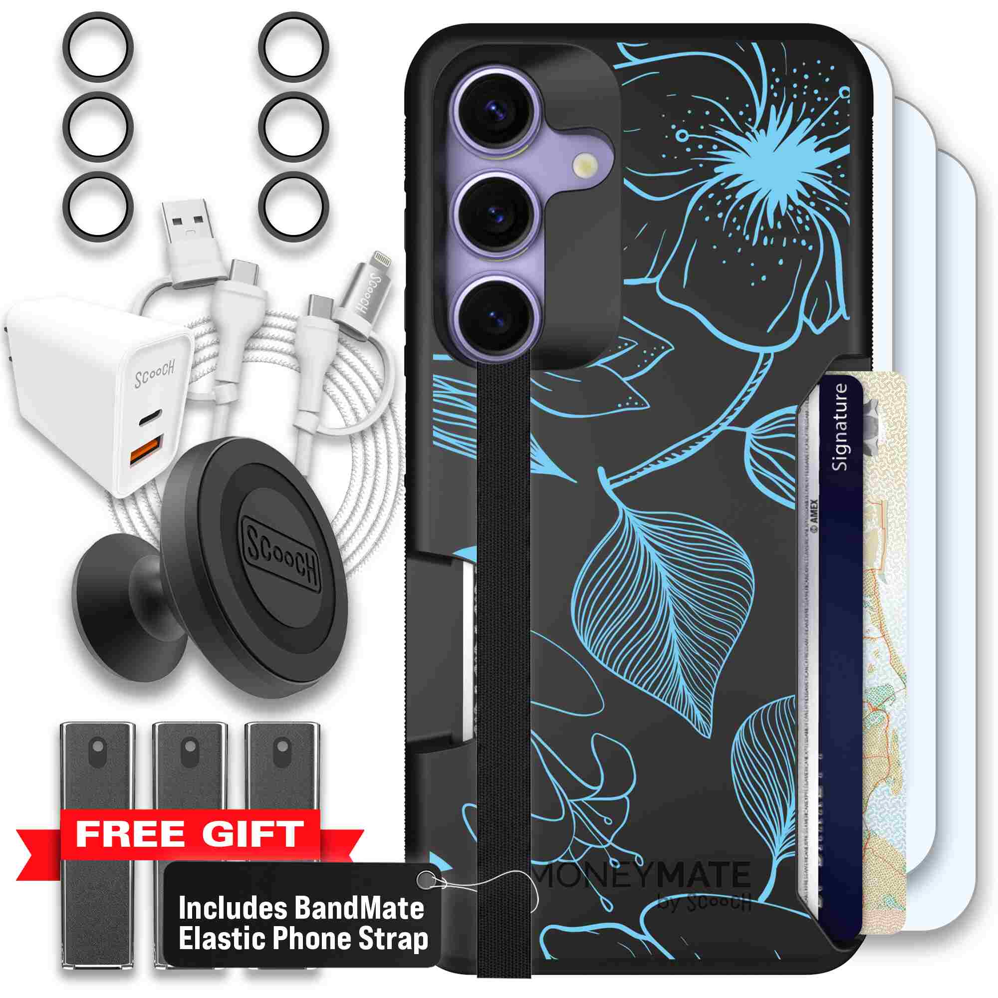Blue Hibiscus cyan-blue tropical flower pattern on a charcoal Scooch Moneymate case for Galaxy S25 - Ultimate Bundle