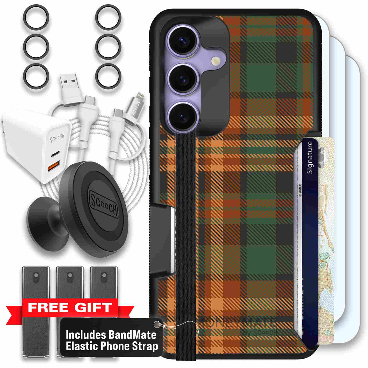 Fall Flannel orange and brown plaid pattern on a Scooch Moneymate case for Galaxy S25 - Ultimate Bundle