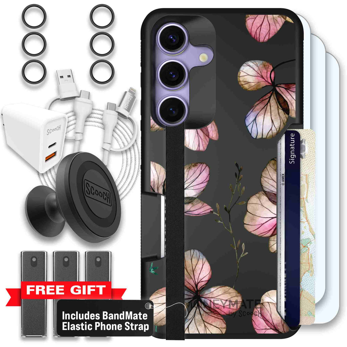 Dried Flowers blush mauve and cream floral pattern on a black Scooch Moneymate case for Galaxy S25 - Ultimate Bundle