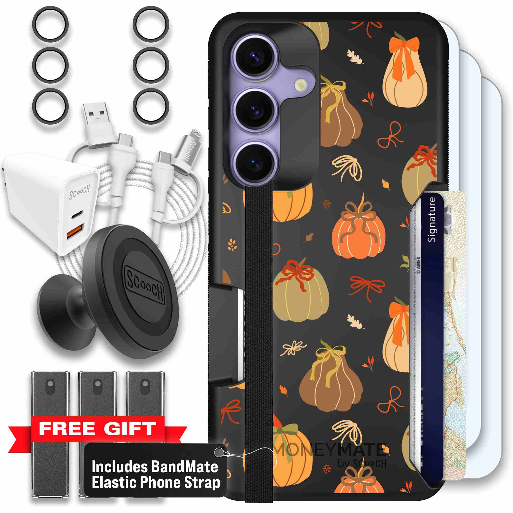 Pretty Pumpkins orange pumpkin and bow pattern on a Scooch Moneymate case for Galaxy S25 - Ultimate Bundle