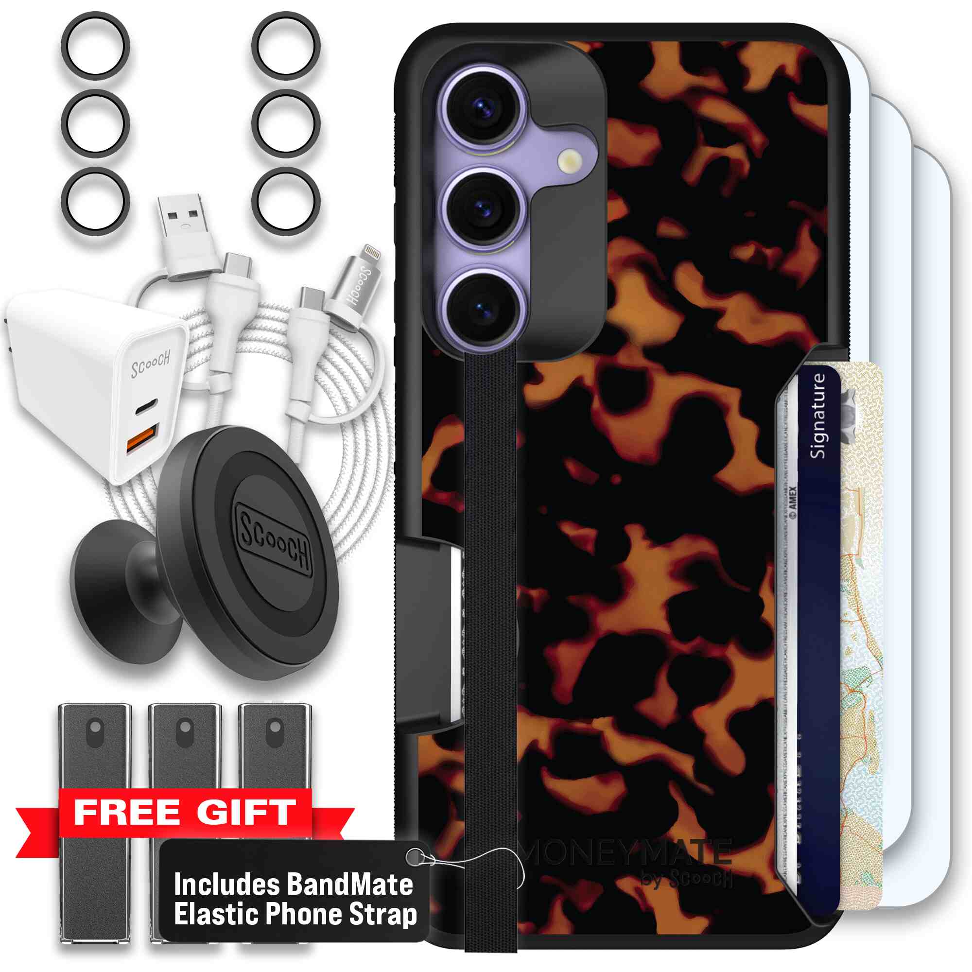 Tortoise Shell amber brown and black mottled pattern on a Scooch Moneymate case for Galaxy S25 - Ultimate Bundle