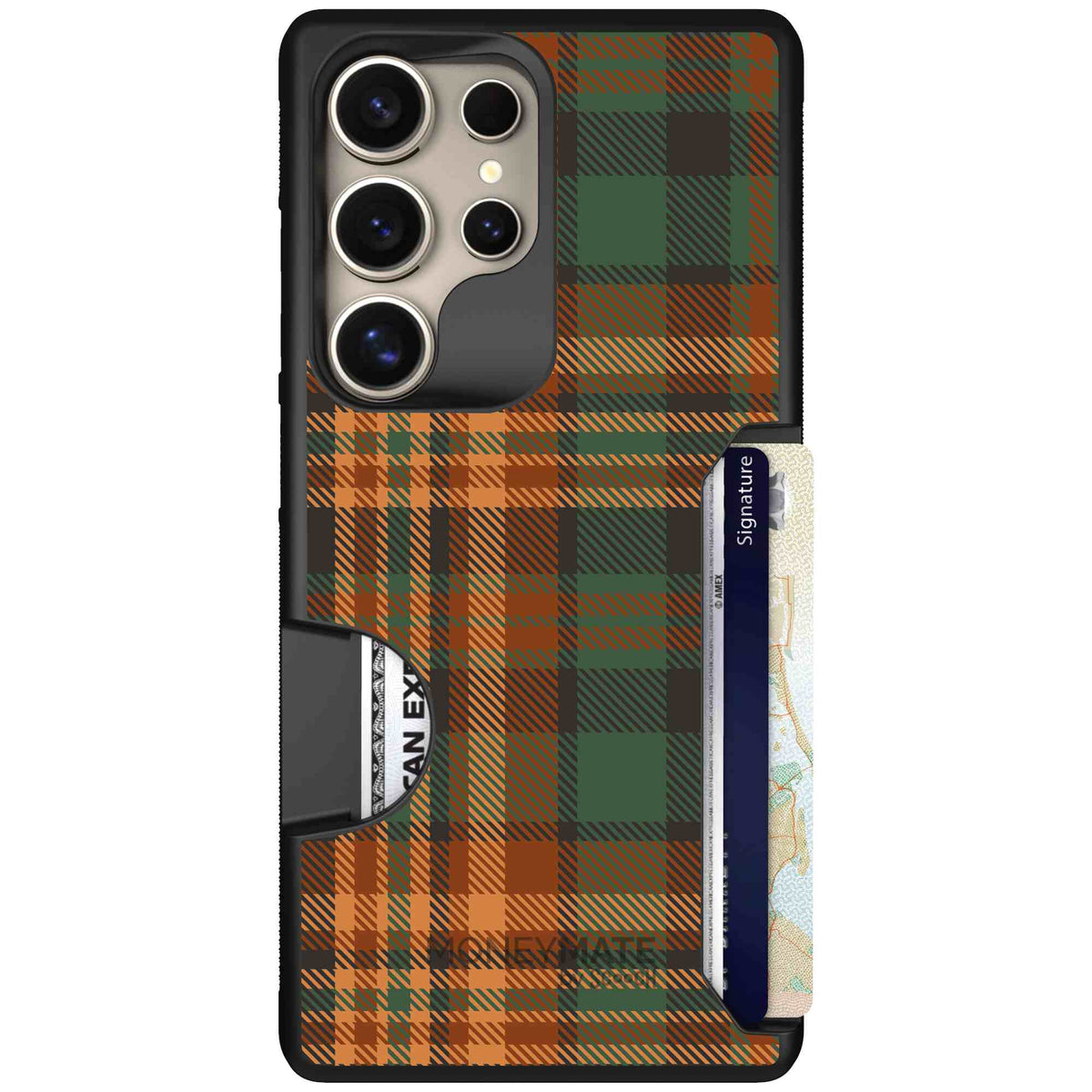 Fall Flannel orange and brown plaid pattern on a Scooch Moneymate case for Galaxy S25 Ultra