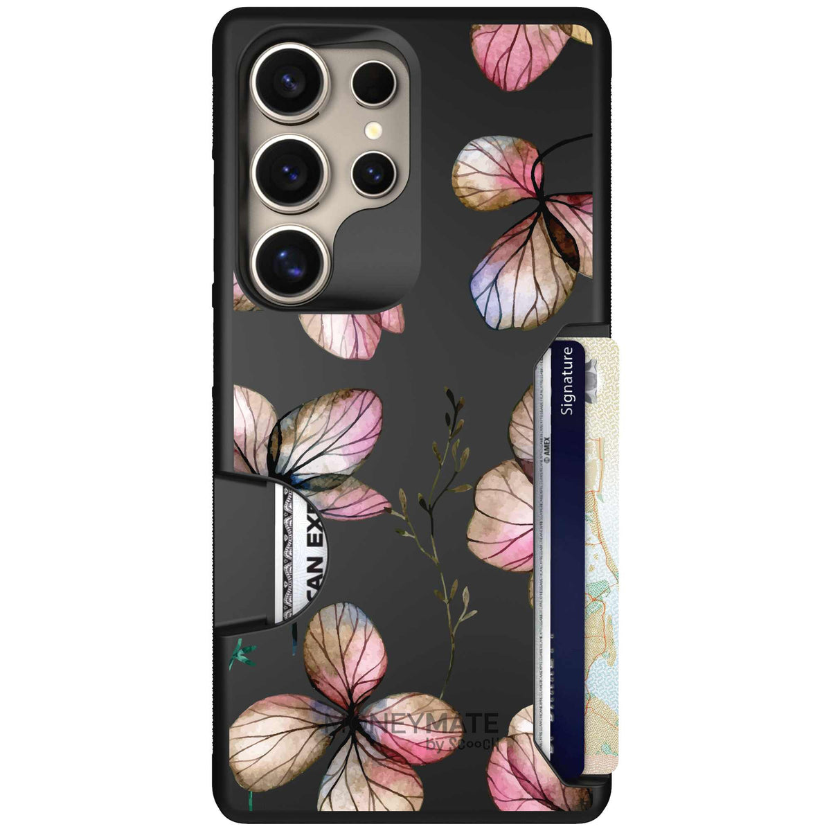 Dried Flowers blush mauve and cream floral pattern on a black Scooch Moneymate case for Galaxy S25 Ultra