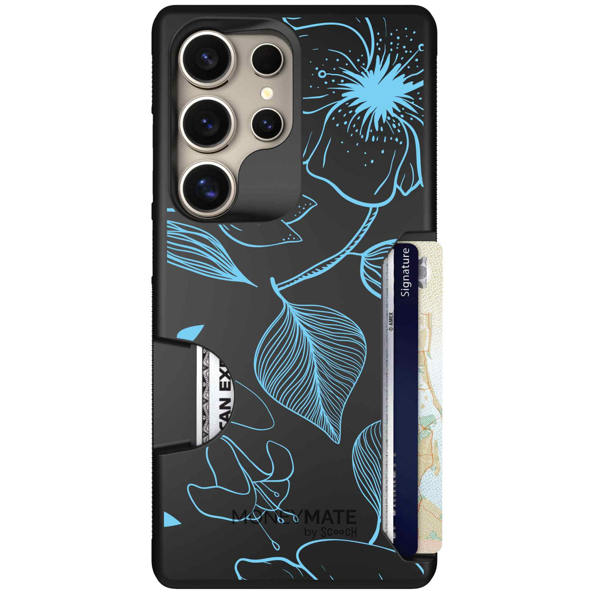 Blue Hibiscus cyan-blue tropical flower pattern on a charcoal Scooch Moneymate case for Galaxy S25 Ultra
