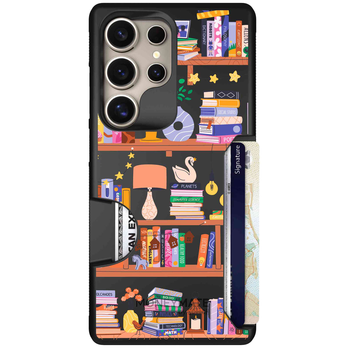 Little Library colorful book and bookshelf pattern on a Scooch Moneymate case for Galaxy S25 Ultra