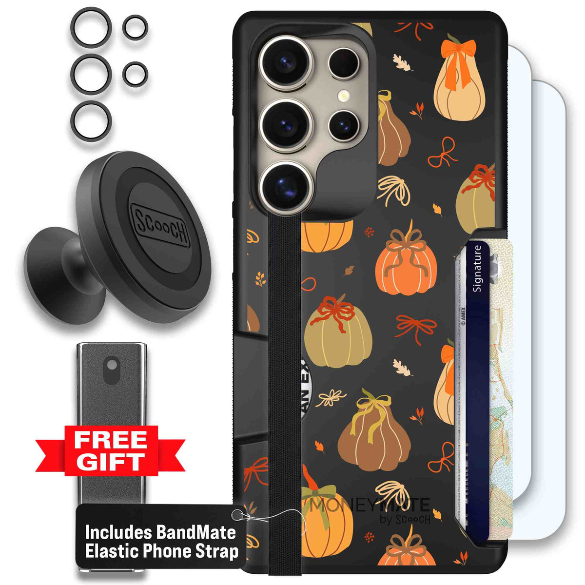 Pretty Pumpkins orange pumpkin and bow pattern on a Scooch Moneymate case for Galaxy S25 Ultra - Defender Bundle