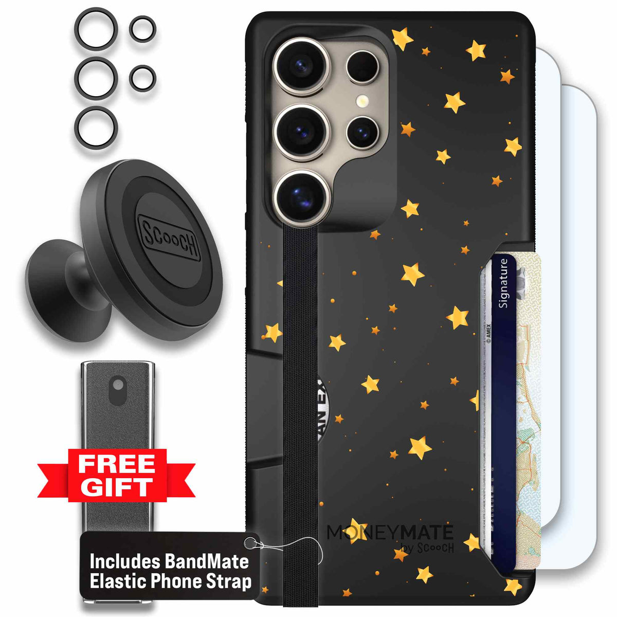 Gold Stars yellow and gold star pattern on a charcoal Scooch Moneymate case for Galaxy S25 Ultra - Defender Bundle