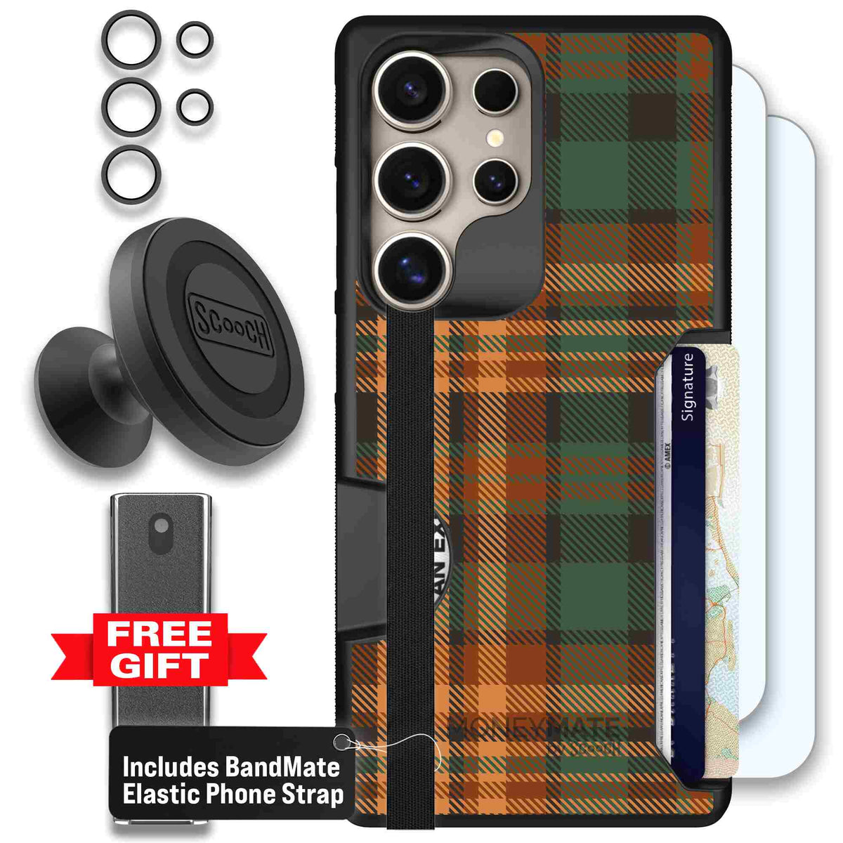 Fall Flannel orange and brown plaid pattern on a Scooch Moneymate case for Galaxy S25 Ultra - Defender Bundle