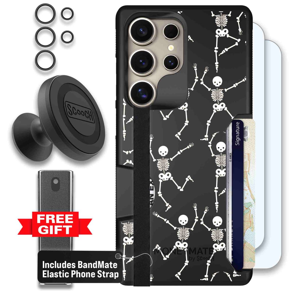 Swinging Skeletons white dancing skeleton pattern on a black Scooch Moneymate case for Galaxy S25 Ultra - Defender Bundle