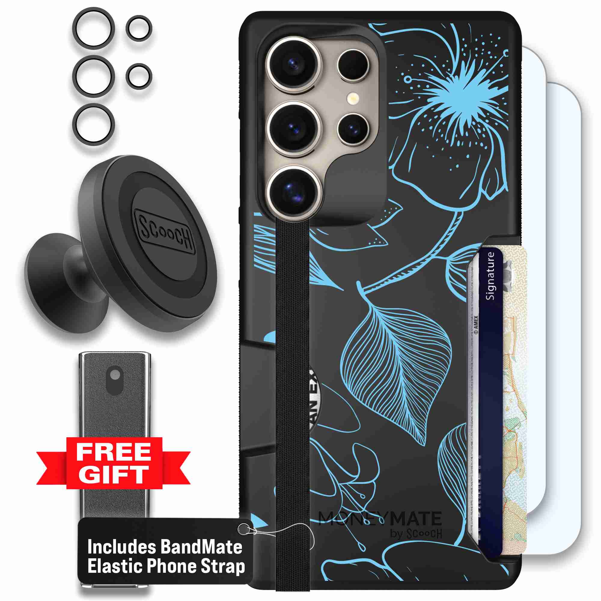 Blue Hibiscus cyan-blue tropical flower pattern on a charcoal Scooch Moneymate case for Galaxy S25 Ultra - Defender Bundle