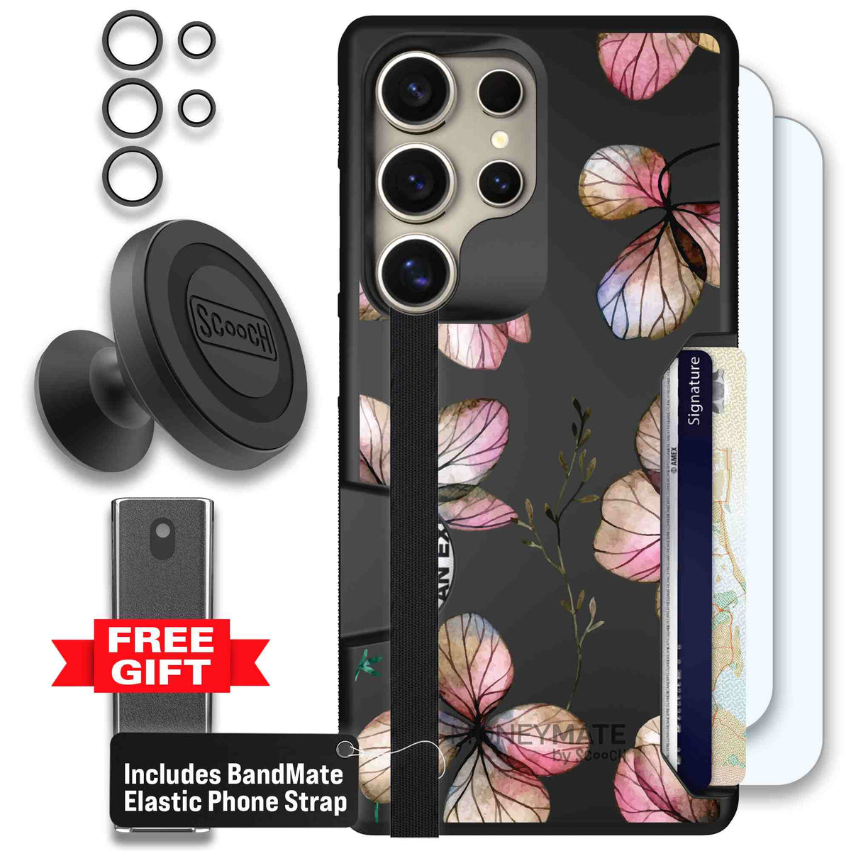Dried Flowers blush mauve and cream floral pattern on a black Scooch Moneymate case for Galaxy S25 Ultra - Defender Bundle