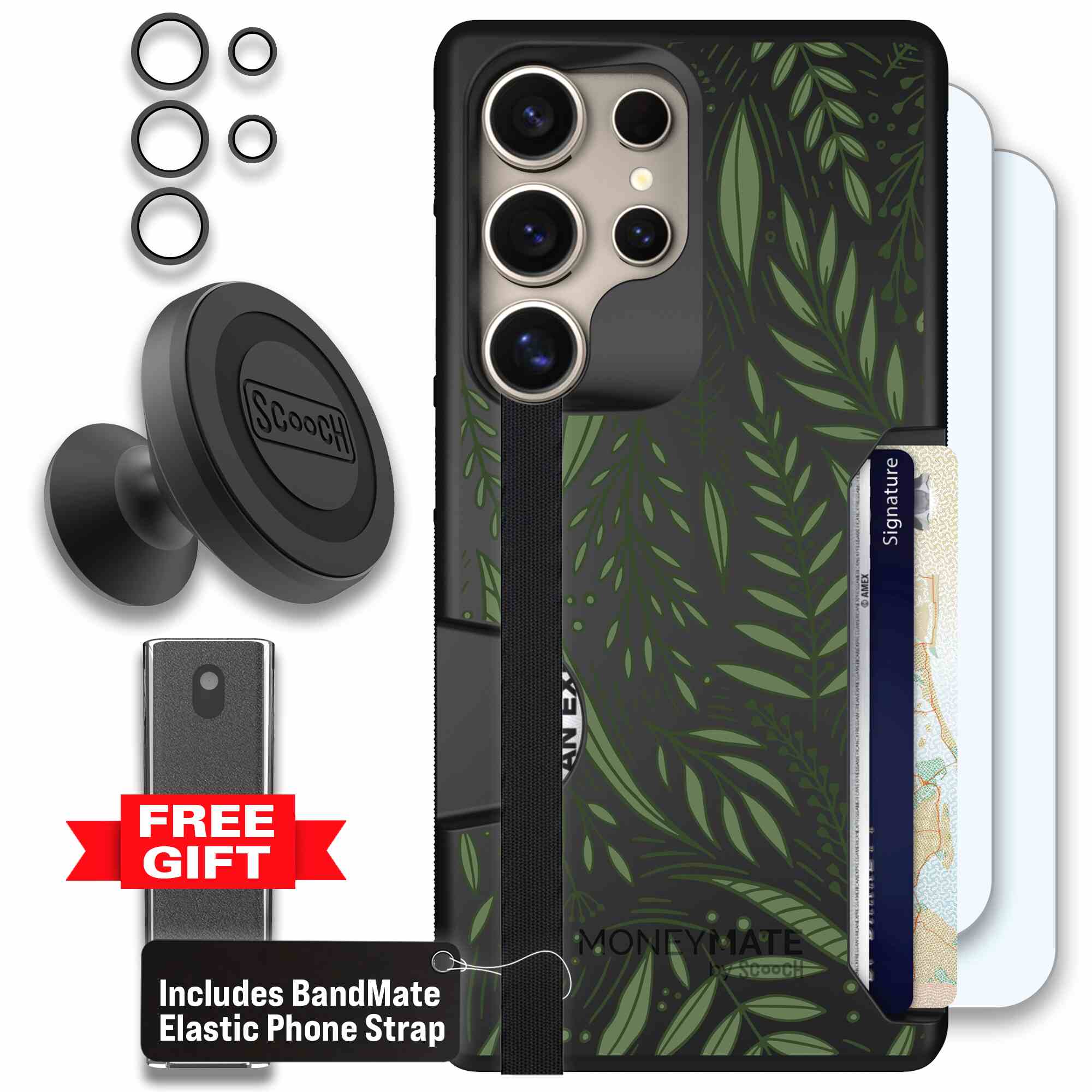 Willow Garden layered green leaves and branches on a charcoal Scooch Moneymate case for Galaxy S25 Ultra - Defender Bundle