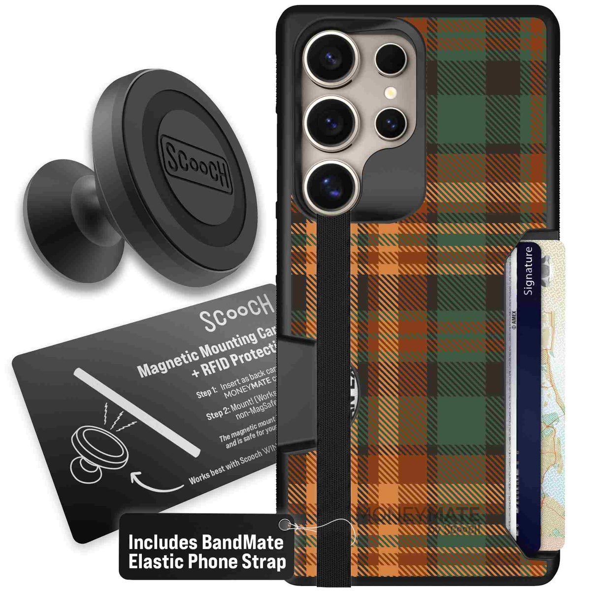 Fall Flannel orange and brown plaid pattern on a Scooch Moneymate case for Galaxy S25 Ultra - Starter Bundle