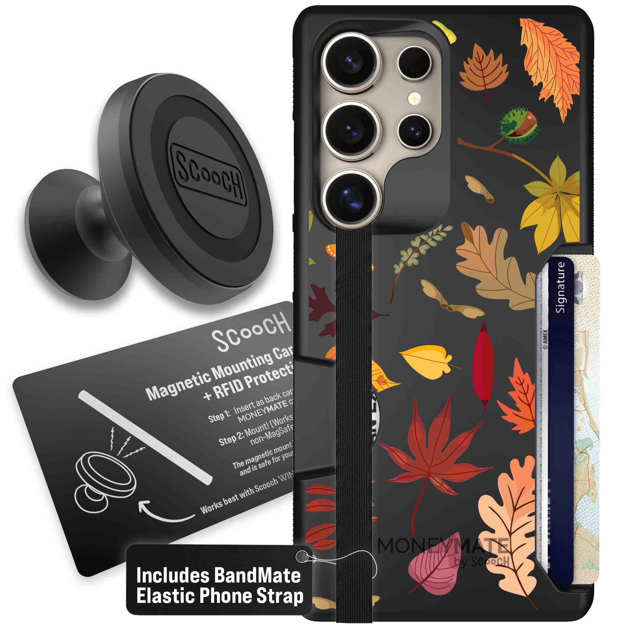 Autumn Leaves multicolored fall foliage pattern on a charcoal Scooch Moneymate case for Galaxy S25 Ultra - Starter Bundle
