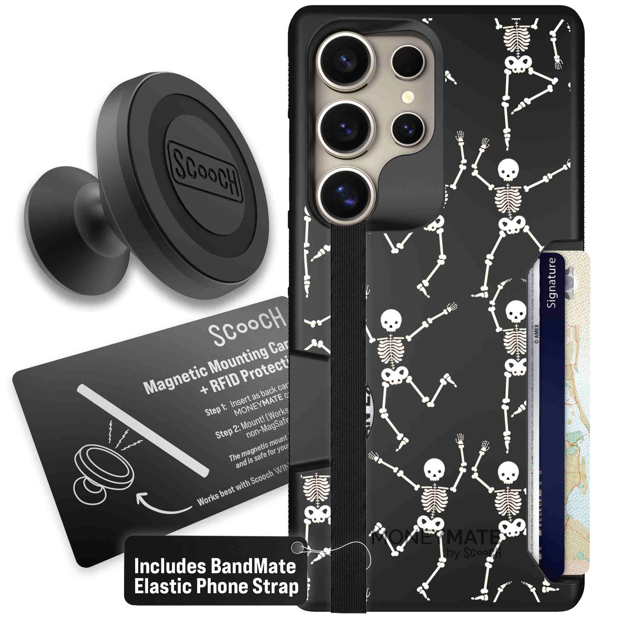 Swinging Skeletons white dancing skeleton pattern on a black Scooch Moneymate case for Galaxy S25 Ultra - Starter Bundle