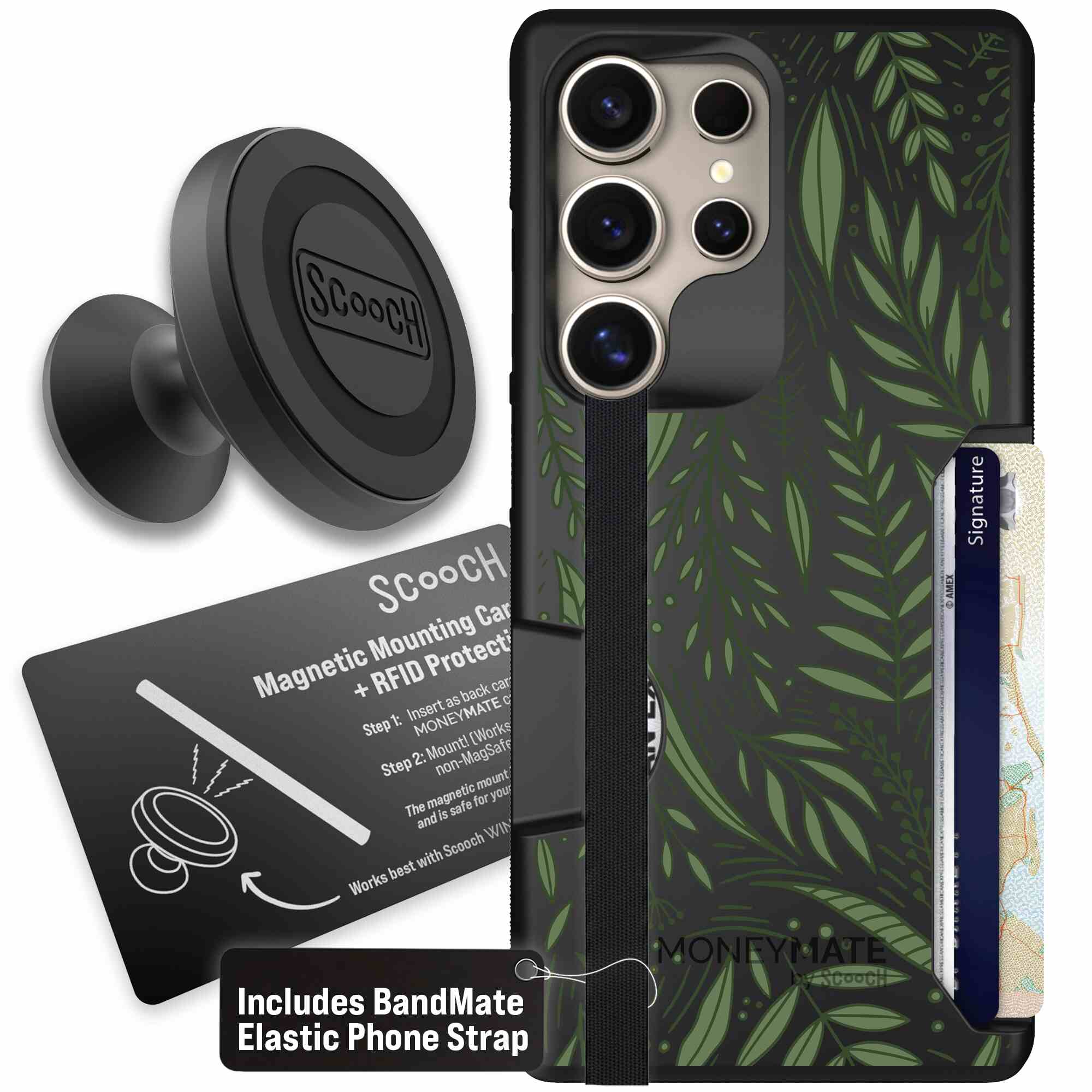 Willow Garden layered green leaves and branches on a charcoal Scooch Moneymate case for Galaxy S25 Ultra - Starter Bundle