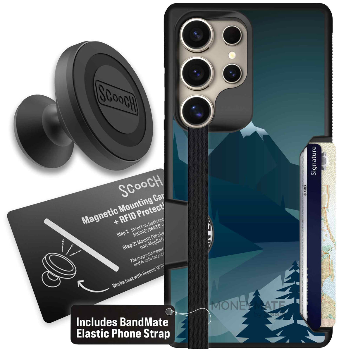 Midnight Ridge layered blue mountains and evergreen trees on a Scooch Moneymate case for Galaxy S25 Ultra - Starter Bundle