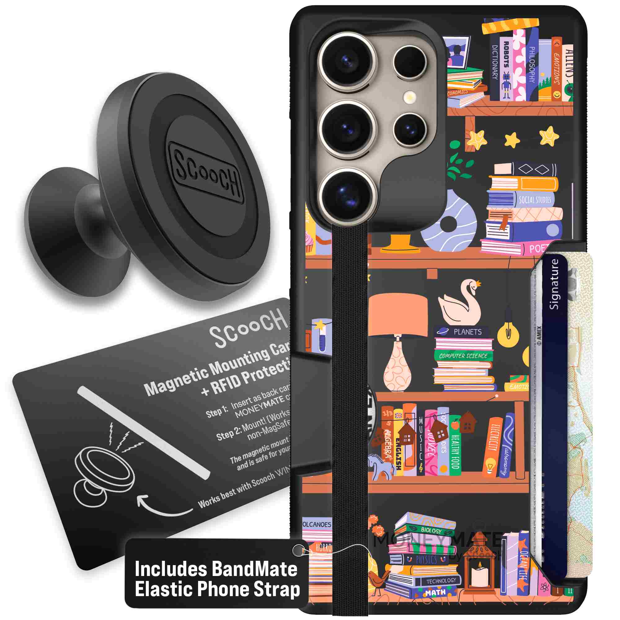 Little Library colorful book and bookshelf pattern on a Scooch Moneymate case for Galaxy S25 Ultra - Starter Bundle