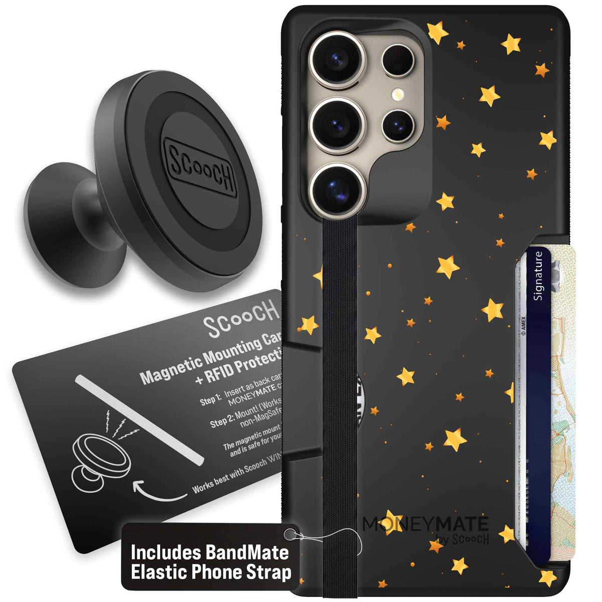 Gold Stars yellow and gold star pattern on a charcoal Scooch Moneymate case for Galaxy S25 Ultra - Starter Bundle