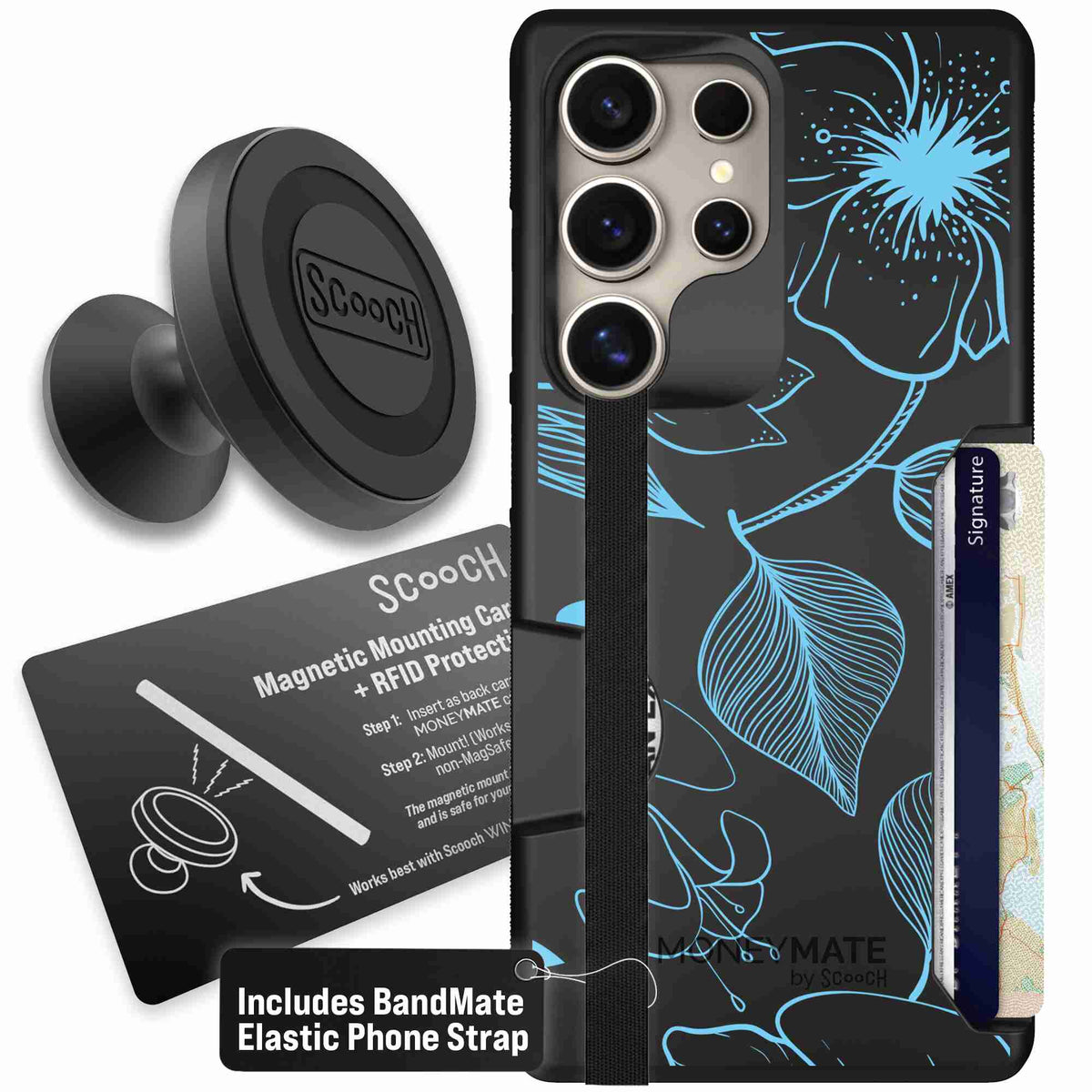 Blue Hibiscus cyan-blue tropical flower pattern on a charcoal Scooch Moneymate case for Galaxy S25 Ultra - Starter Bundle
