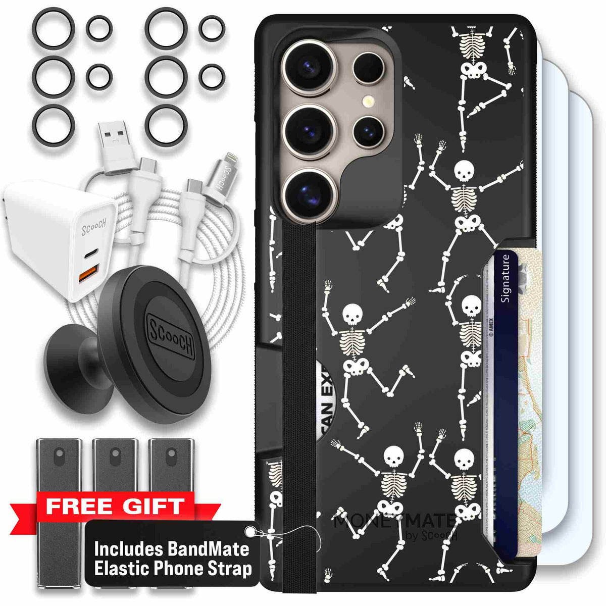 Swinging Skeletons white dancing skeleton pattern on a black Scooch Moneymate case for Galaxy S25 Ultra - Ultimate Bundle