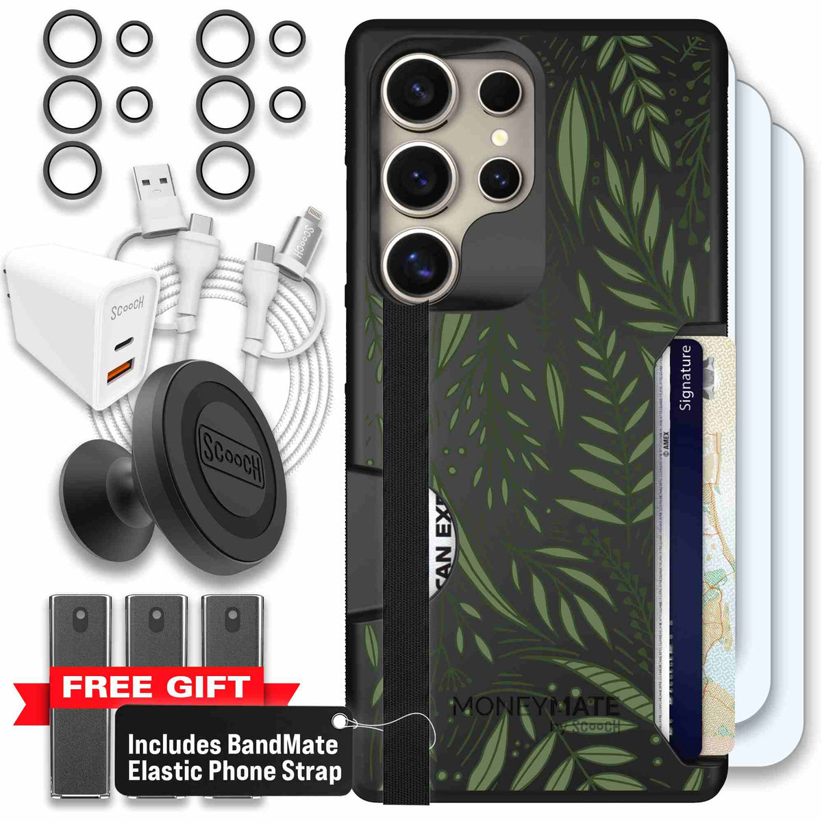 Willow Garden layered green leaves and branches on a charcoal Scooch Moneymate case for Galaxy S25 Ultra - Ultimate Bundle