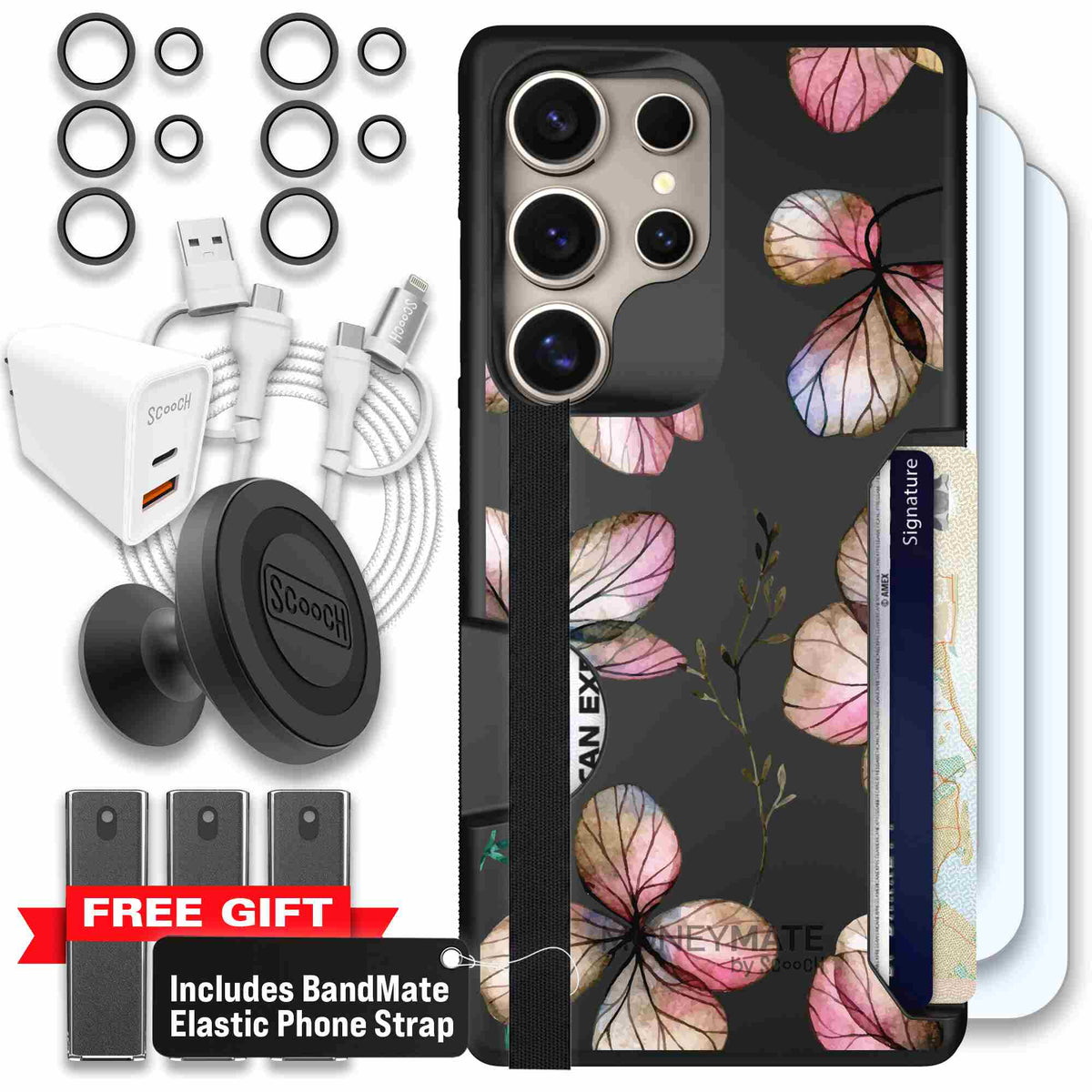 Dried Flowers blush mauve and cream floral pattern on a black Scooch Moneymate case for Galaxy S25 Ultra - Ultimate Bundle