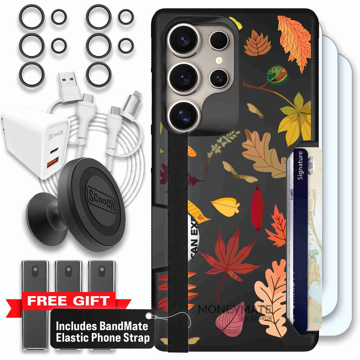 Autumn Leaves multicolored fall foliage pattern on a charcoal Scooch Moneymate case for Galaxy S25 Ultra - Ultimate Bundle