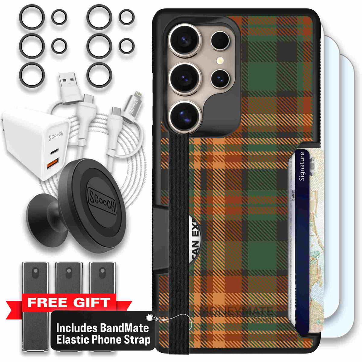 Fall Flannel orange and brown plaid pattern on a Scooch Moneymate case for Galaxy S25 Ultra - Ultimate Bundle