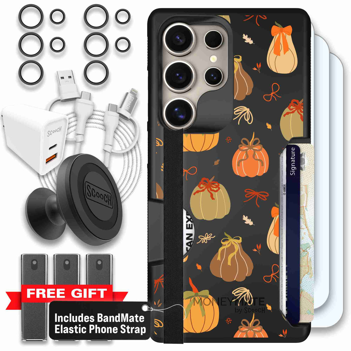Pretty Pumpkins orange pumpkin and bow pattern on a Scooch Moneymate case for Galaxy S25 Ultra - Ultimate Bundle