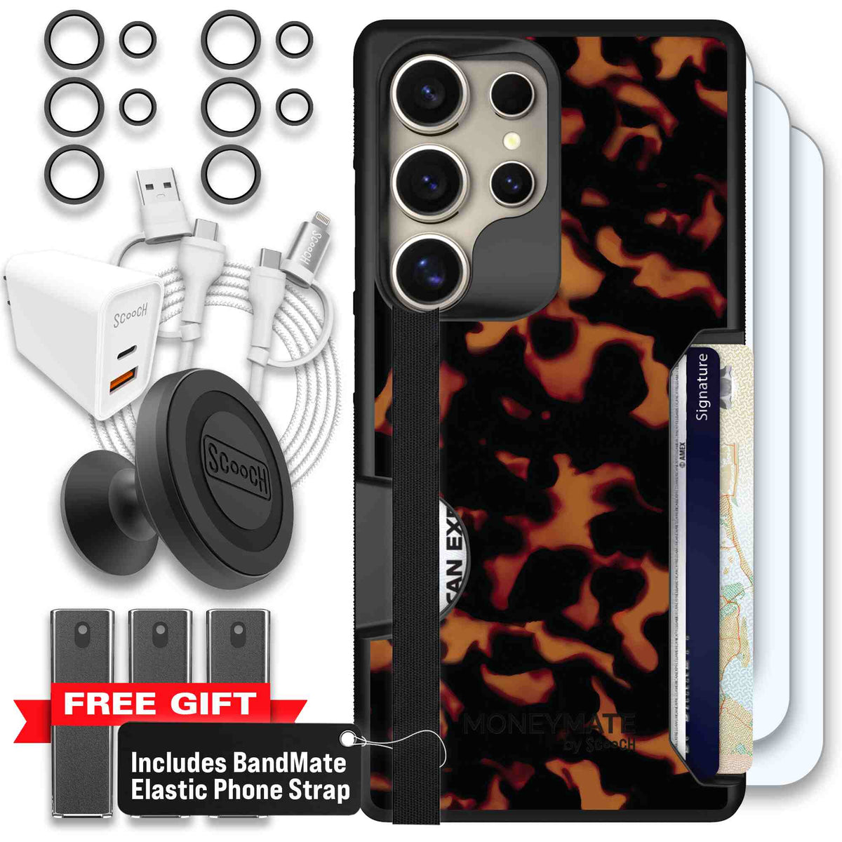 Tortoise Shell amber brown and black mottled pattern on a Scooch Moneymate case for Galaxy S25 Ultra - Ultimate Bundle