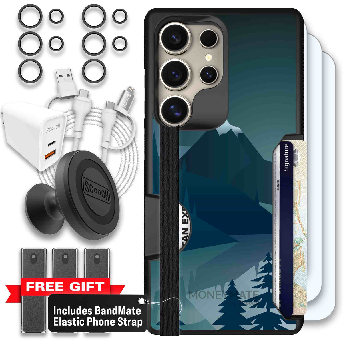 Midnight Ridge layered blue mountains and evergreen trees on a Scooch Moneymate case for Galaxy S25 Ultra - Ultimate Bundle