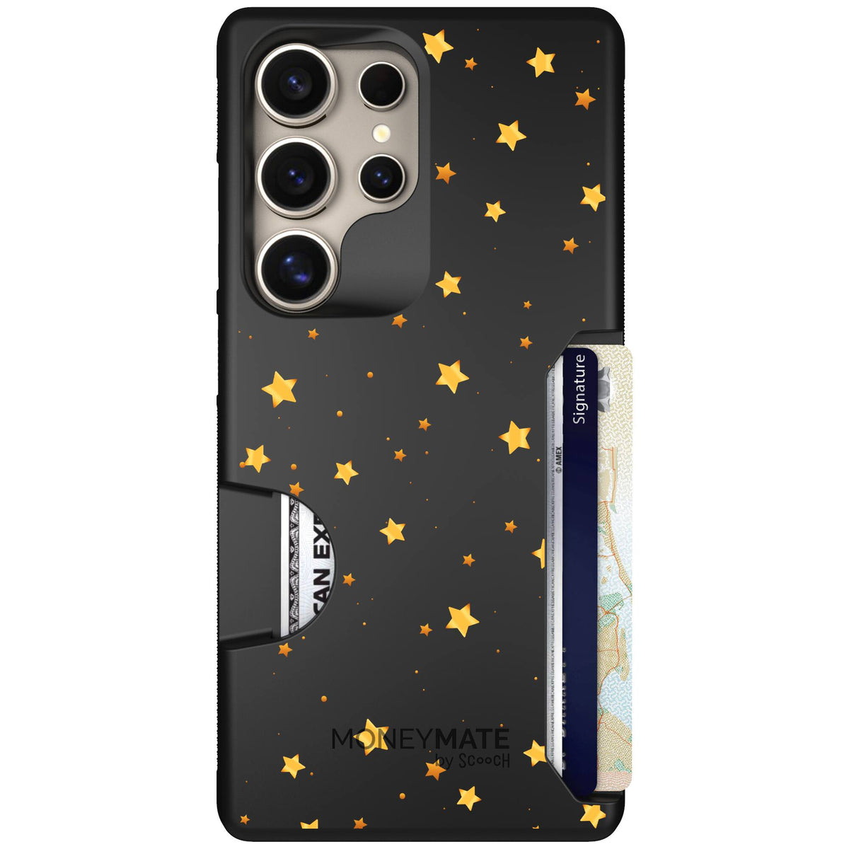 Gold Stars yellow and gold star pattern on a charcoal Scooch Moneymate case for Galaxy S25 Ultra